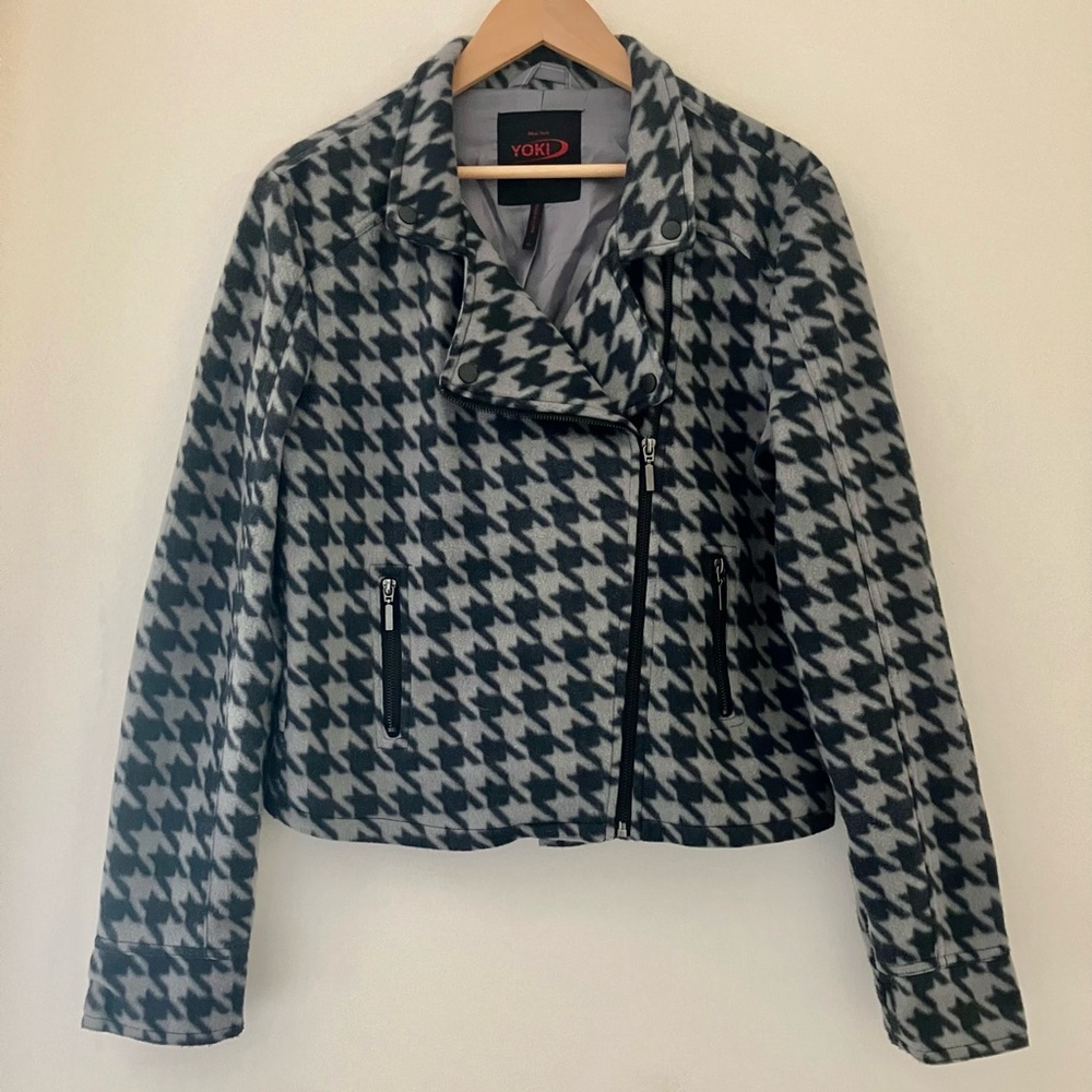 Yoki Women's Black and Gray Houndstooth biker fleece Jacket XL